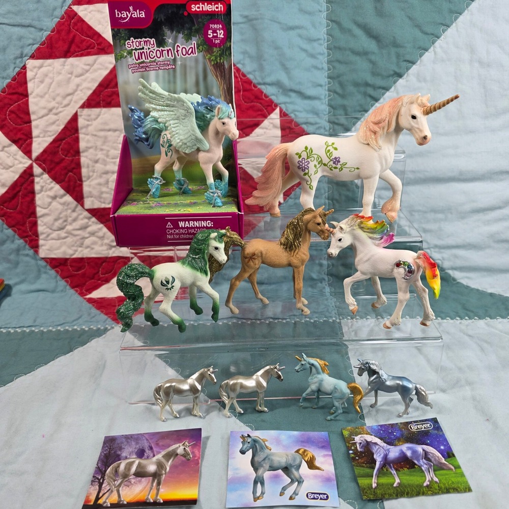 Schleich Breyer Unicorn Toy Figurine Lot 9 Pc + 3 Stickers Multicolor Glitter